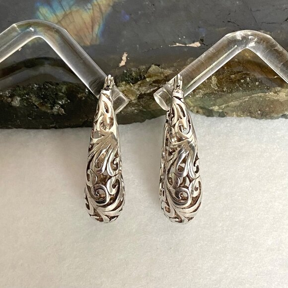 VTG Jezlaine Sterling Silver 925 Pierced Hinged Scrollwork Oval Hoop Earrings - Picture 3 of 16